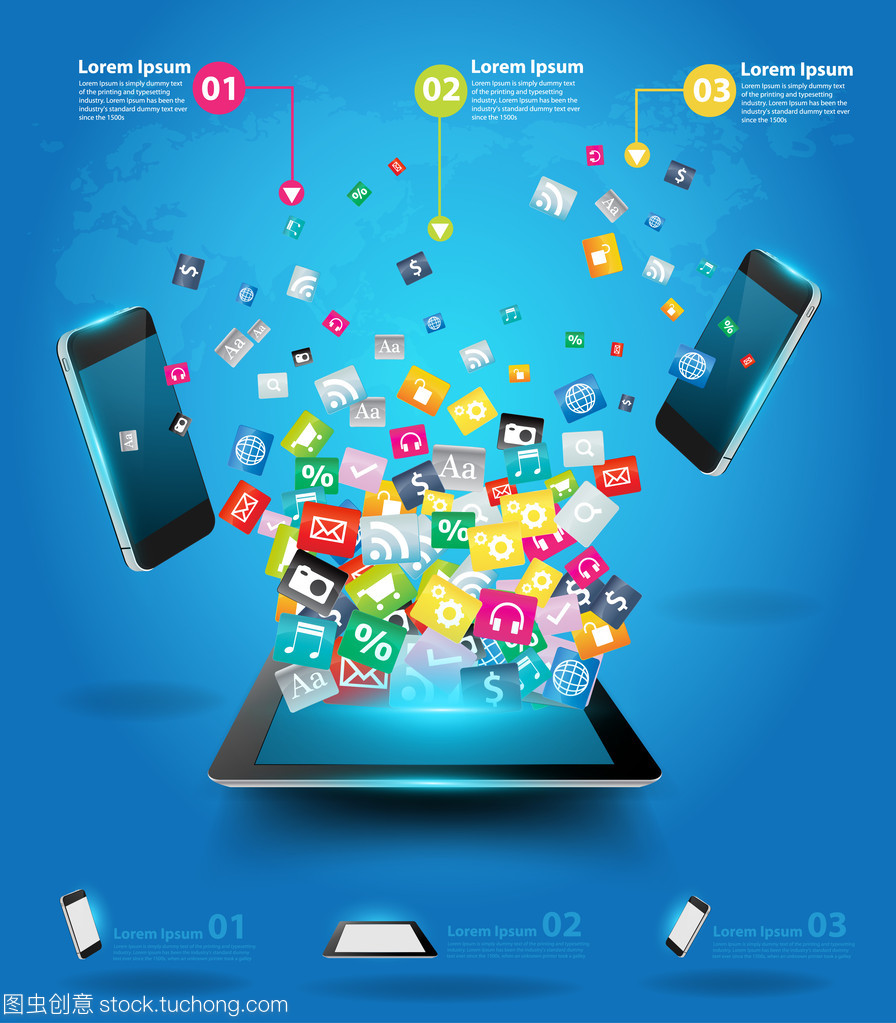 创意平板电脑与手机云的丰富多彩的应用程序图标 计算机网络应用软件